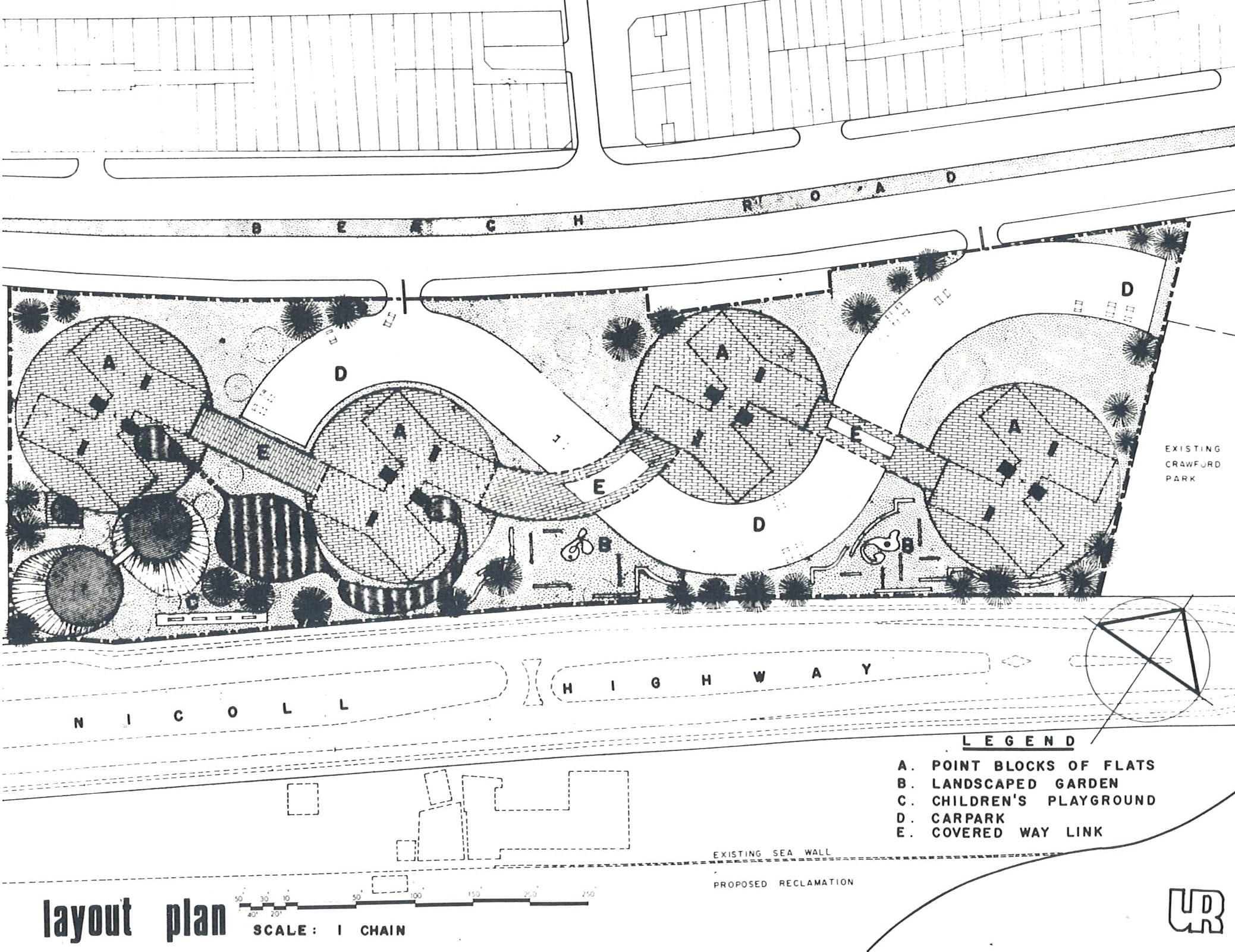 Detailed layout plan showing circular blocks of flats, landscaped gardens, playgrounds, carparks, and covered walkways.